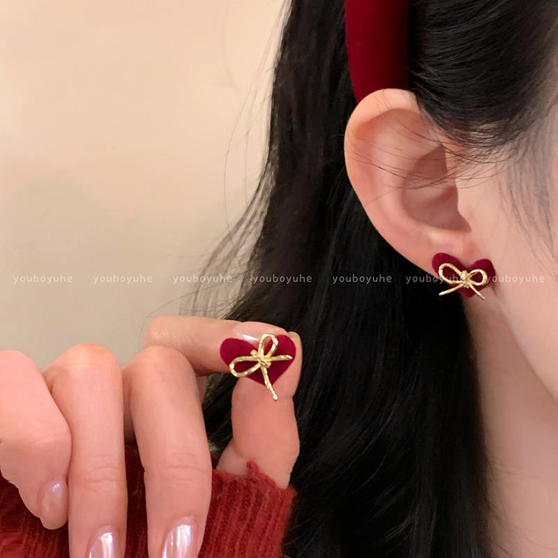 Red Love Heart Bow Tie Flocking Stud Earrings