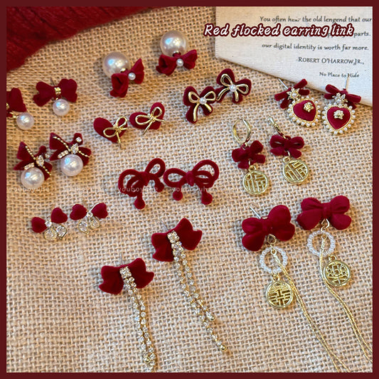 Red Love Heart Bow Tie Flocking Stud Earrings