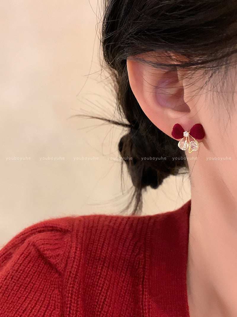 Red Love Heart Bow Tie Flocking Stud Earrings