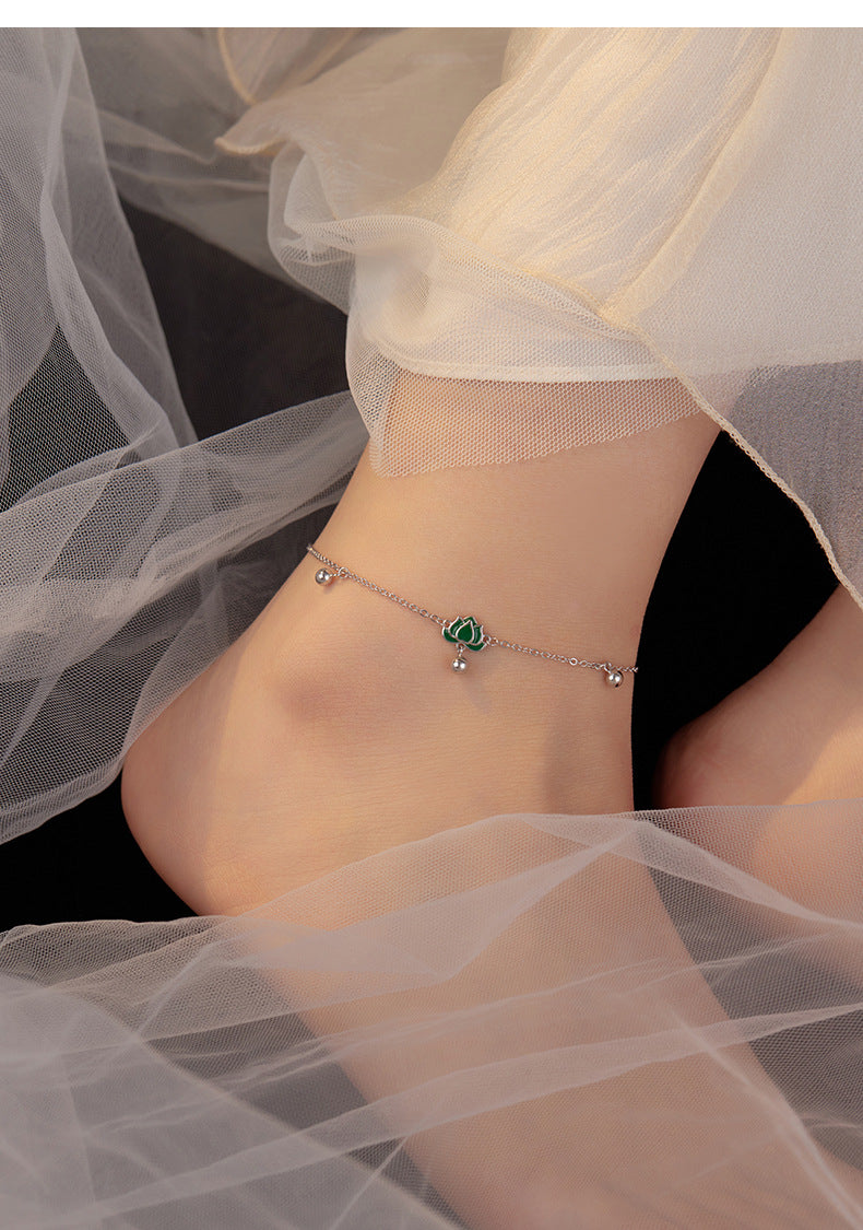 S925 Sterling Silver Step-by-Step Lotus Sliver Beads Anklet Female Retro Artsy Fresh Lotus Lucky Beads Ankle Chain Ornament