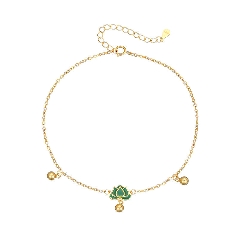 S925 Sterling Silver Step-by-Step Lotus Sliver Beads Anklet Female Retro Artsy Fresh Lotus Lucky Beads Ankle Chain Ornament