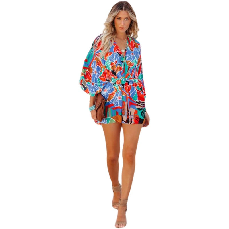 V-neck Large Flower Waist Trimming Loose Three-Quarter Sleeve Jumpsuit