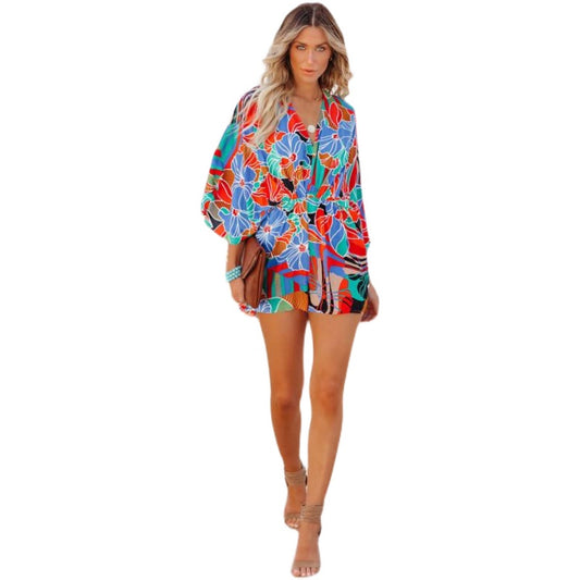 V-neck Large Flower Waist Trimming Loose Three-Quarter Sleeve Jumpsuit