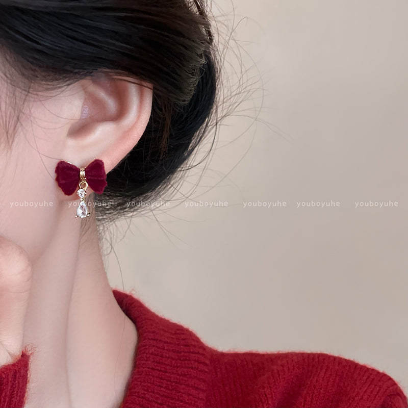 Red Love Heart Bow Tie Flocking Stud Earrings