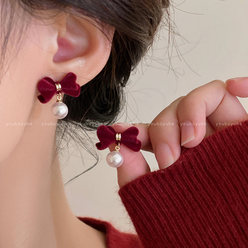 Red Love Heart Bow Tie Flocking Stud Earrings