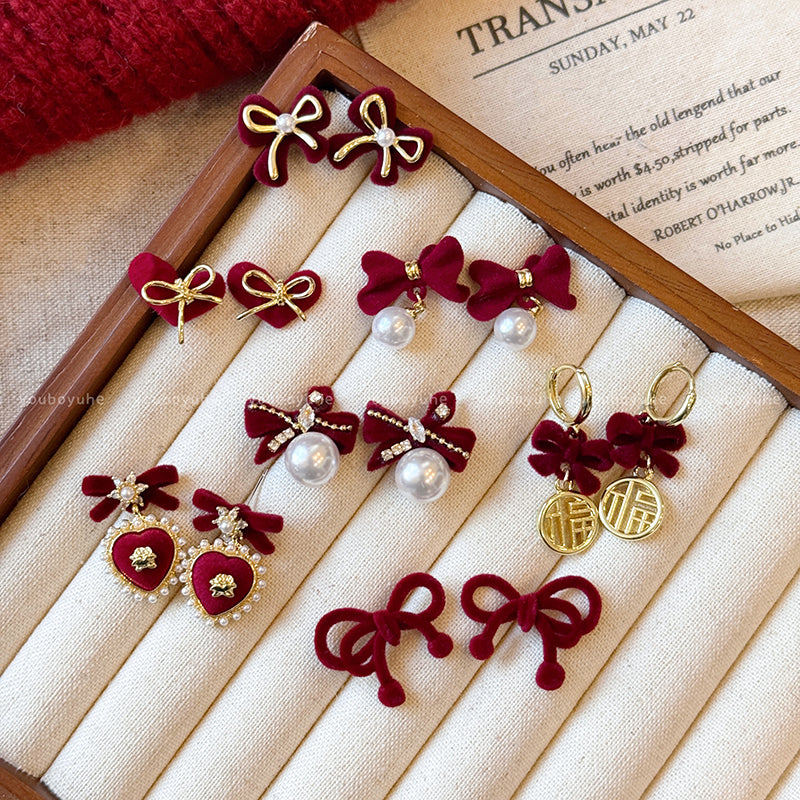 Red Love Heart Bow Tie Flocking Stud Earrings