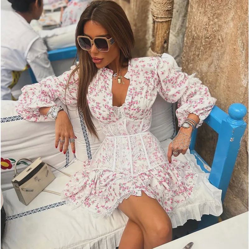 Lace Mini Dress Ruffled Fashion