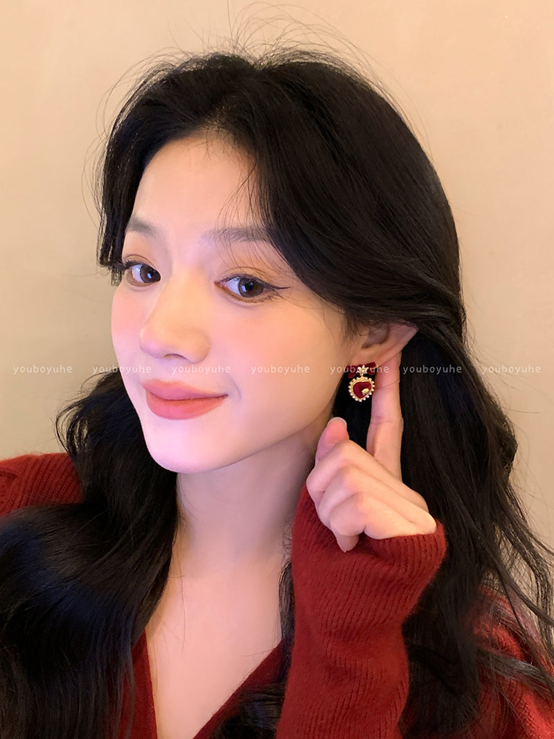 Red Love Heart Bow Tie Flocking Stud Earrings