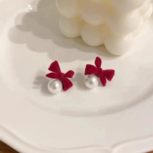Sterling Silver Needle New Year Red Festive Earrings Bows Earrings Fancy Pearl Design Earrings
