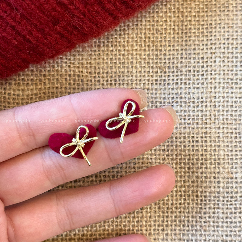 Red Love Heart Bow Tie Flocking Stud Earrings