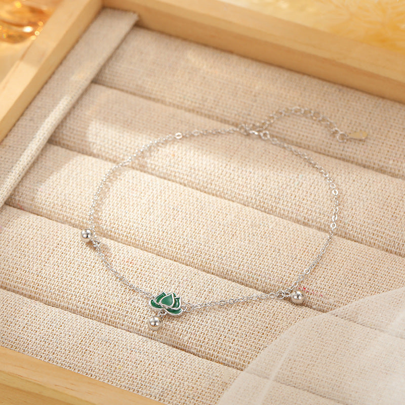 S925 Sterling Silver Step-by-Step Lotus Sliver Beads Anklet Female Retro Artsy Fresh Lotus Lucky Beads Ankle Chain Ornament