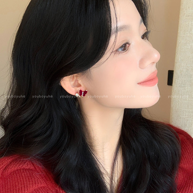 Red Love Heart Bow Tie Flocking Stud Earrings