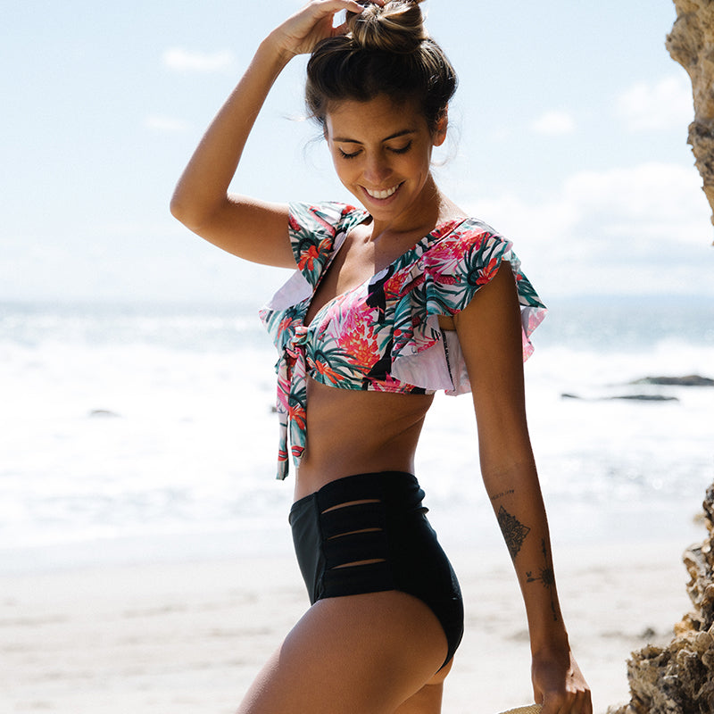 Print Swimwear Women High Waist Bikini Ruffle Swimsuit