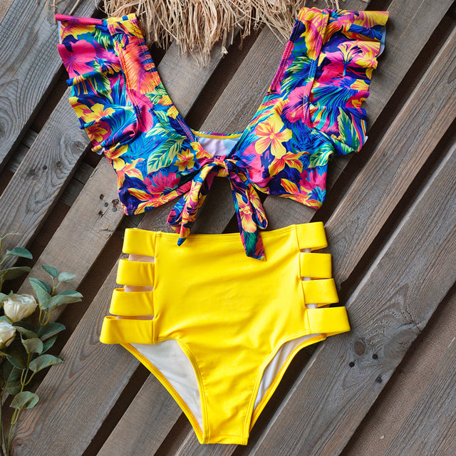Print Swimwear Women High Waist Bikini Ruffle Swimsuit