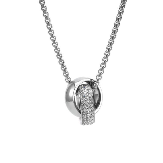 Fashion Titanium Steel Double Ring Necklace TikTok Hip Hop Ins Trendy Men Unique Crystal Pendant Long Sweater Chain Accessories