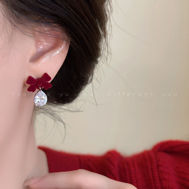 Red Love Heart Bow Tie Flocking Stud Earrings