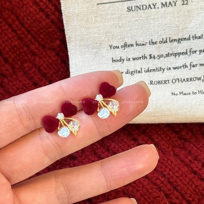 Red Love Heart Bow Tie Flocking Stud Earrings