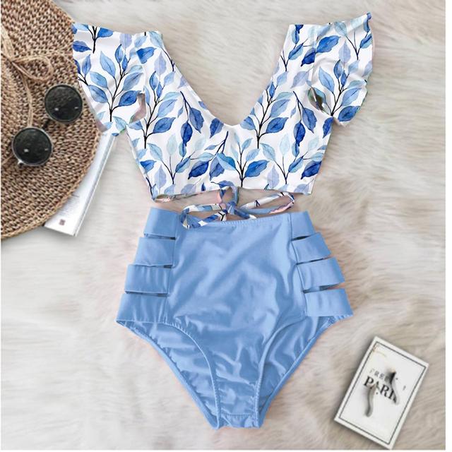 Print Swimwear Women High Waist Bikini Ruffle Swimsuit