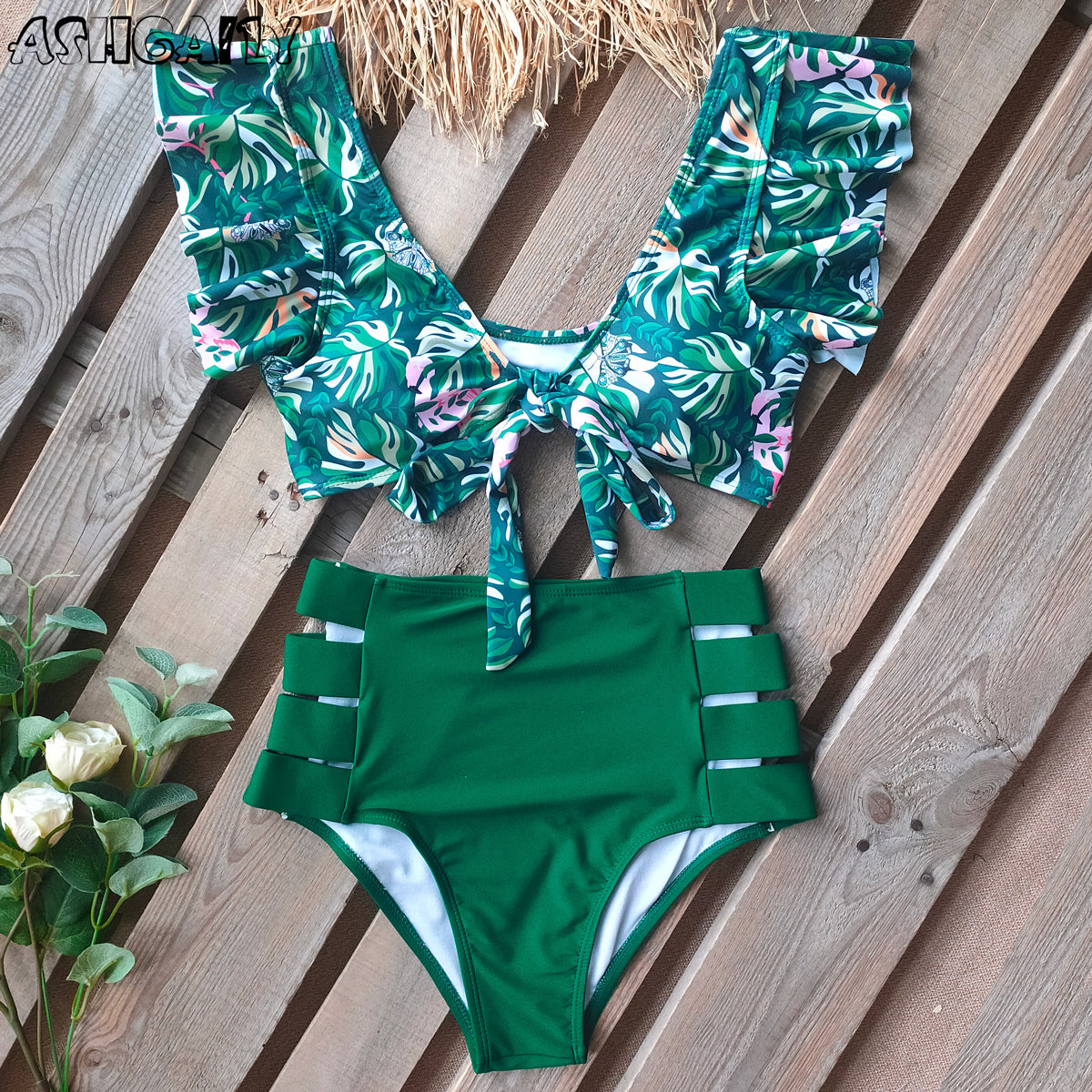 Print Swimwear Women High Waist Bikini Ruffle Swimsuit