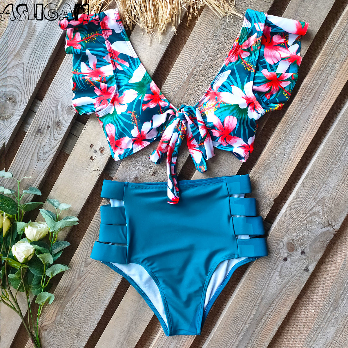 Print Swimwear Women High Waist Bikini Ruffle Swimsuit