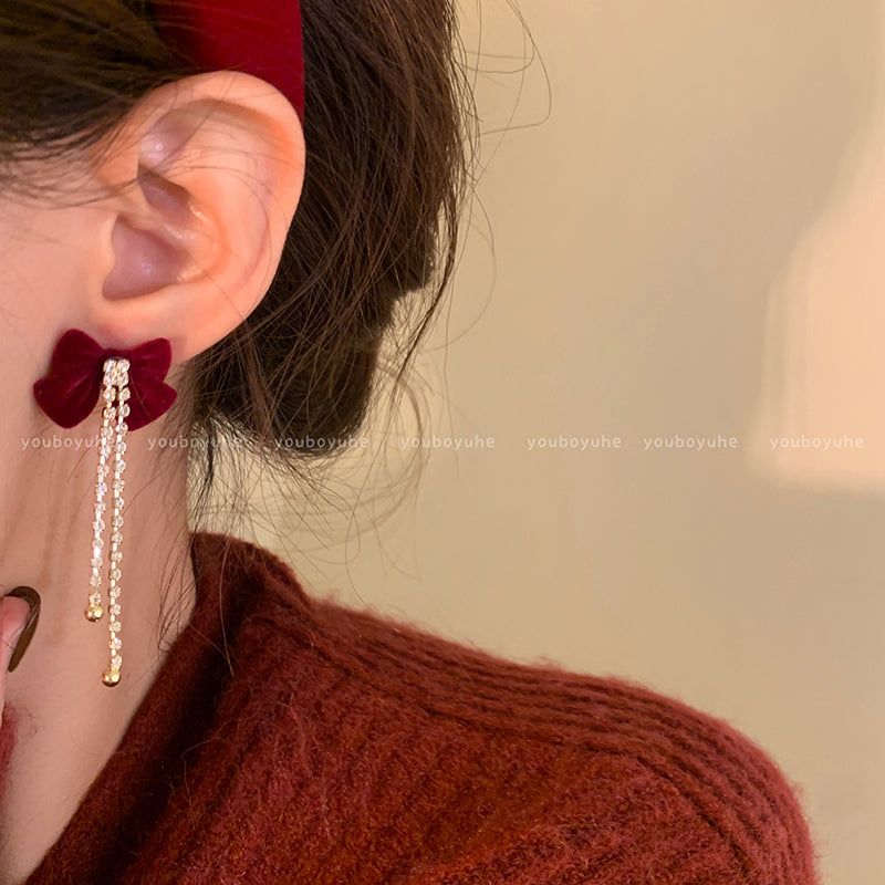 Red Love Heart Bow Tie Flocking Stud Earrings