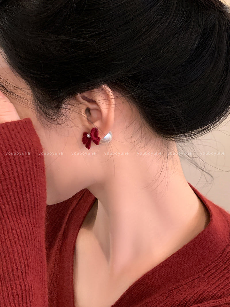 Red Love Heart Bow Tie Flocking Stud Earrings