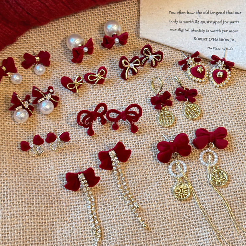Red Love Heart Bow Tie Flocking Stud Earrings