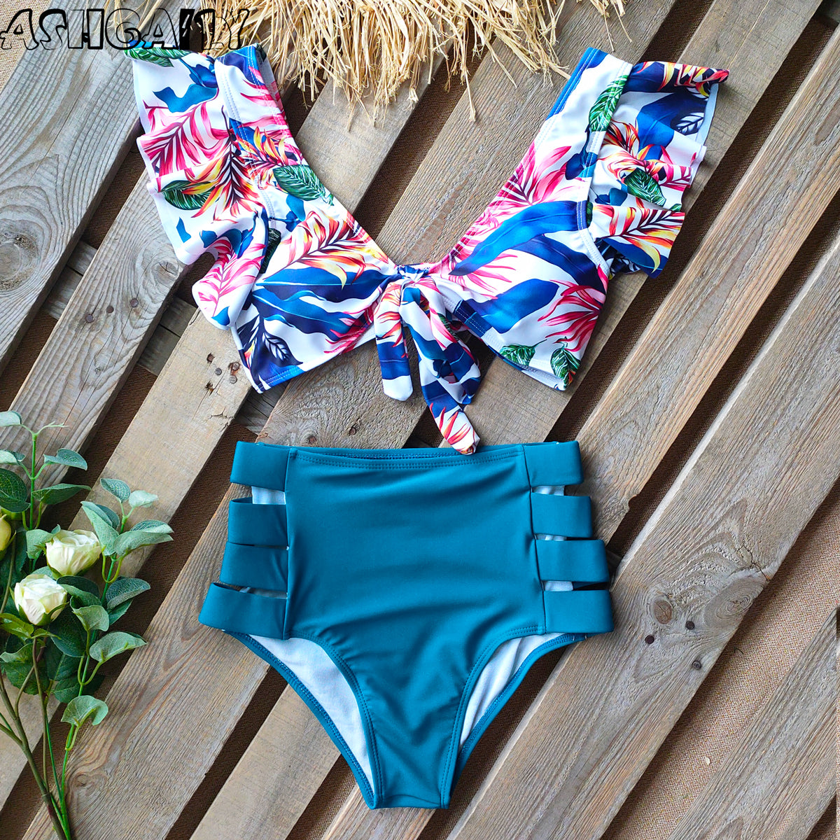Print Swimwear Women High Waist Bikini Ruffle Swimsuit
