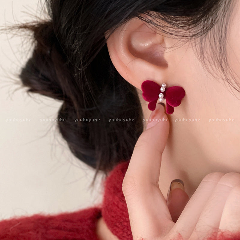 Red Love Heart Bow Tie Flocking Stud Earrings