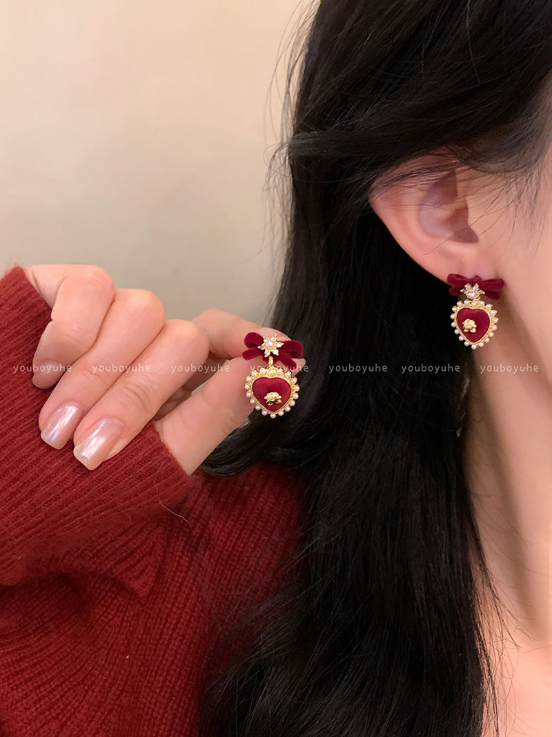 Red Love Heart Bow Tie Flocking Stud Earrings