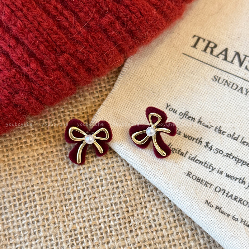 Red Love Heart Bow Tie Flocking Stud Earrings