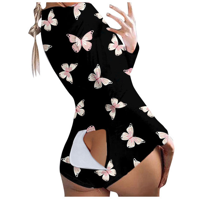 Butterfly Print Short Jumpsuits Pijamas Women Button Flap Se
