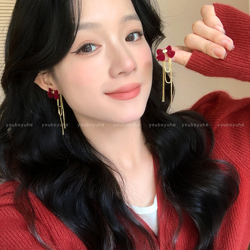 Red Love Heart Bow Tie Flocking Stud Earrings