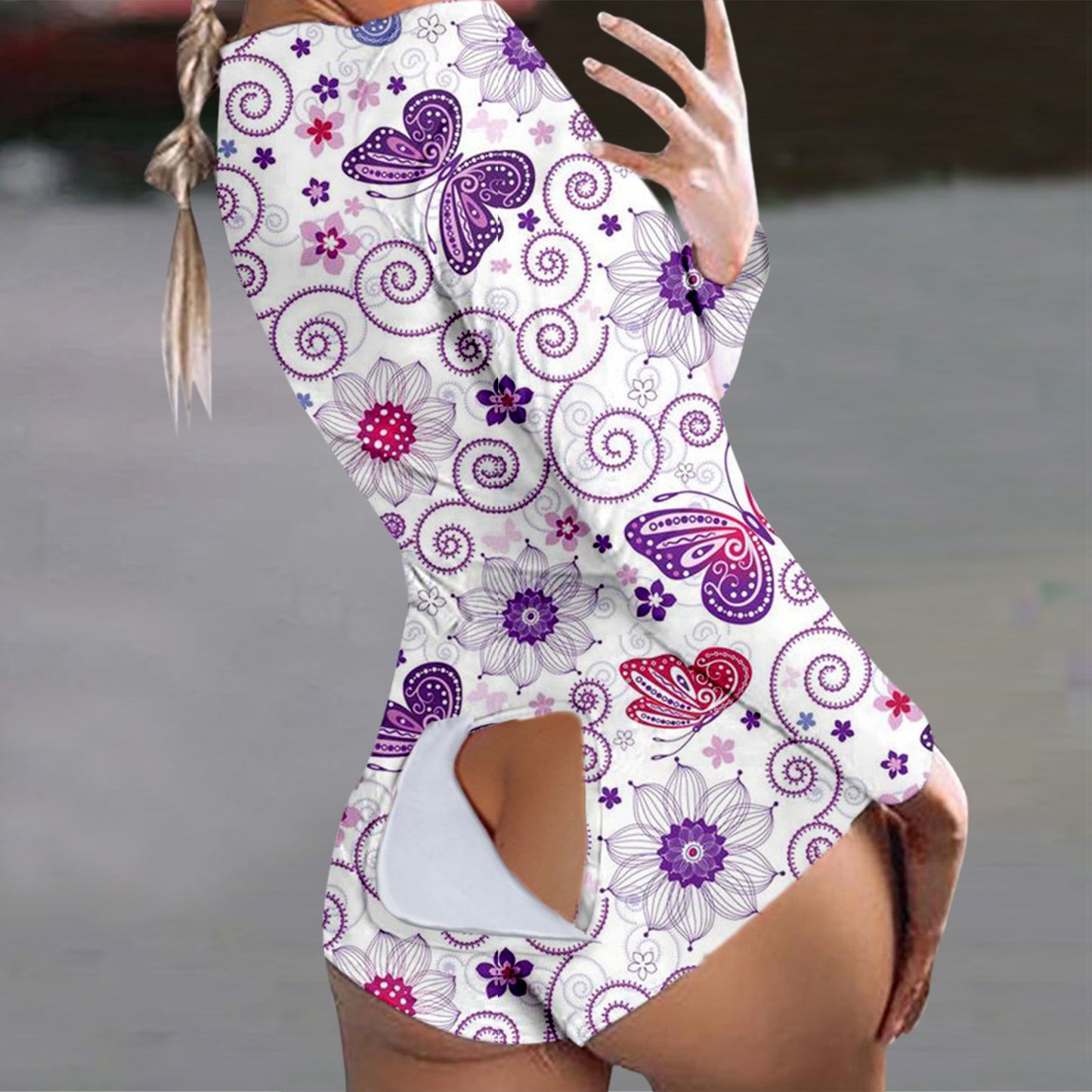 Butterfly Print Short Jumpsuits Pijamas Women Button Flap Se