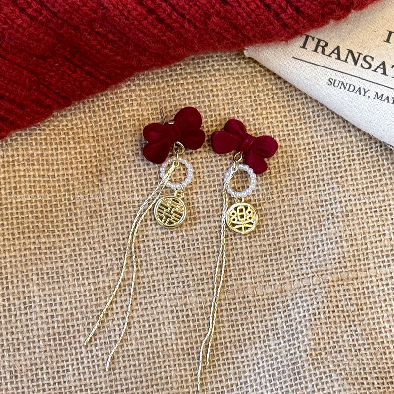 Red Love Heart Bow Tie Flocking Stud Earrings