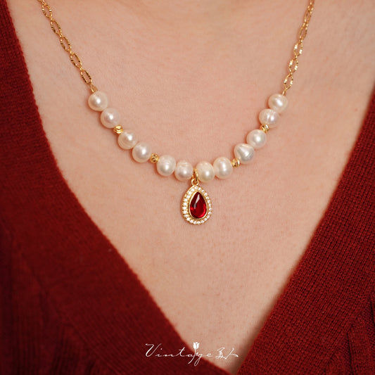Lady Massel Retro French Natural Pearl Accessible Luxury Classy Wine Red Water Drop Pearl Necklace Clavicle Chain