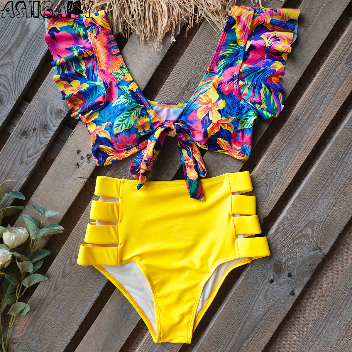 Print Swimwear Women High Waist Bikini Ruffle Swimsuit