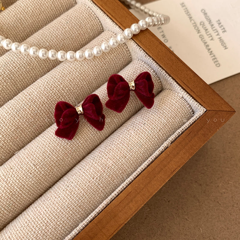 Red Love Heart Bow Tie Flocking Stud Earrings