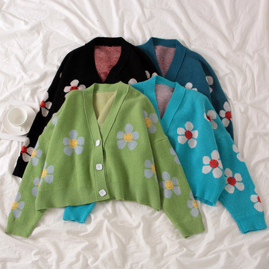 Preppy Style Flower Knitted Cardigans Sweater Women Cropped