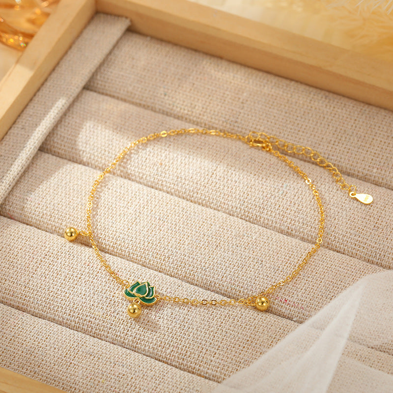S925 Sterling Silver Step-by-Step Lotus Sliver Beads Anklet Female Retro Artsy Fresh Lotus Lucky Beads Ankle Chain Ornament