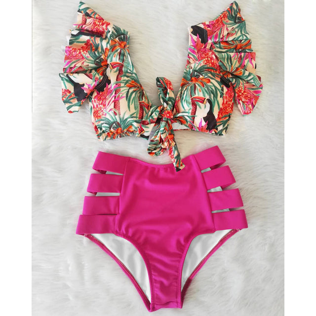 Print Swimwear Women High Waist Bikini Ruffle Swimsuit