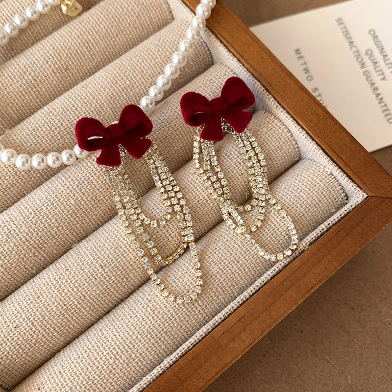 Red Love Heart Bow Tie Flocking Stud Earrings