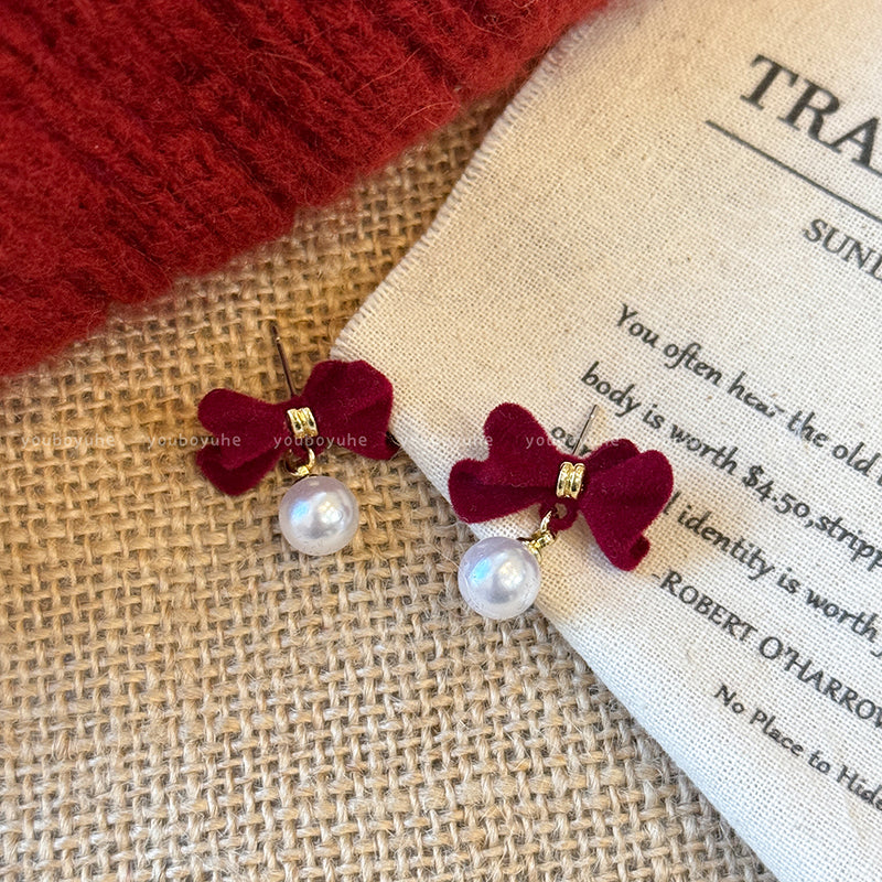 Red Love Heart Bow Tie Flocking Stud Earrings