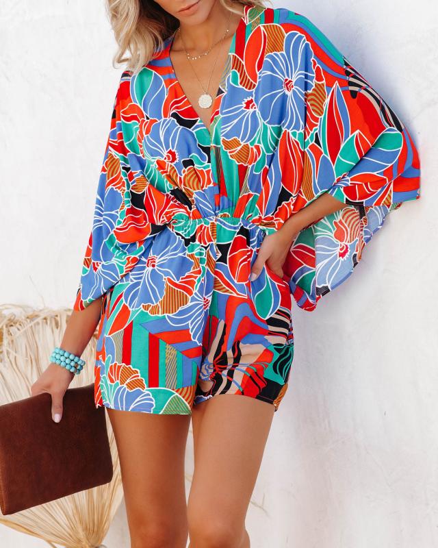 V-neck Large Flower Waist Trimming Loose Three-Quarter Sleeve Jumpsuit