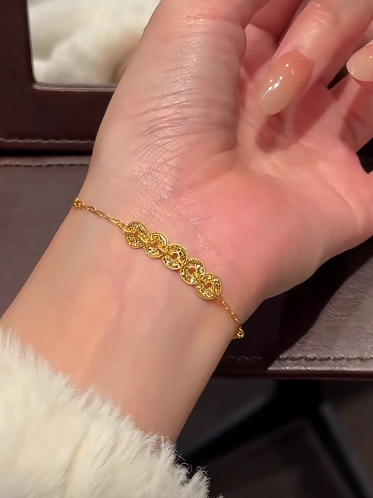 999 Sterling Silver Flash Five Emperors Coin Bracelet Women Copper Coins New Chinese Style Broken Ice Money Multi-Wrapped New Year Gift