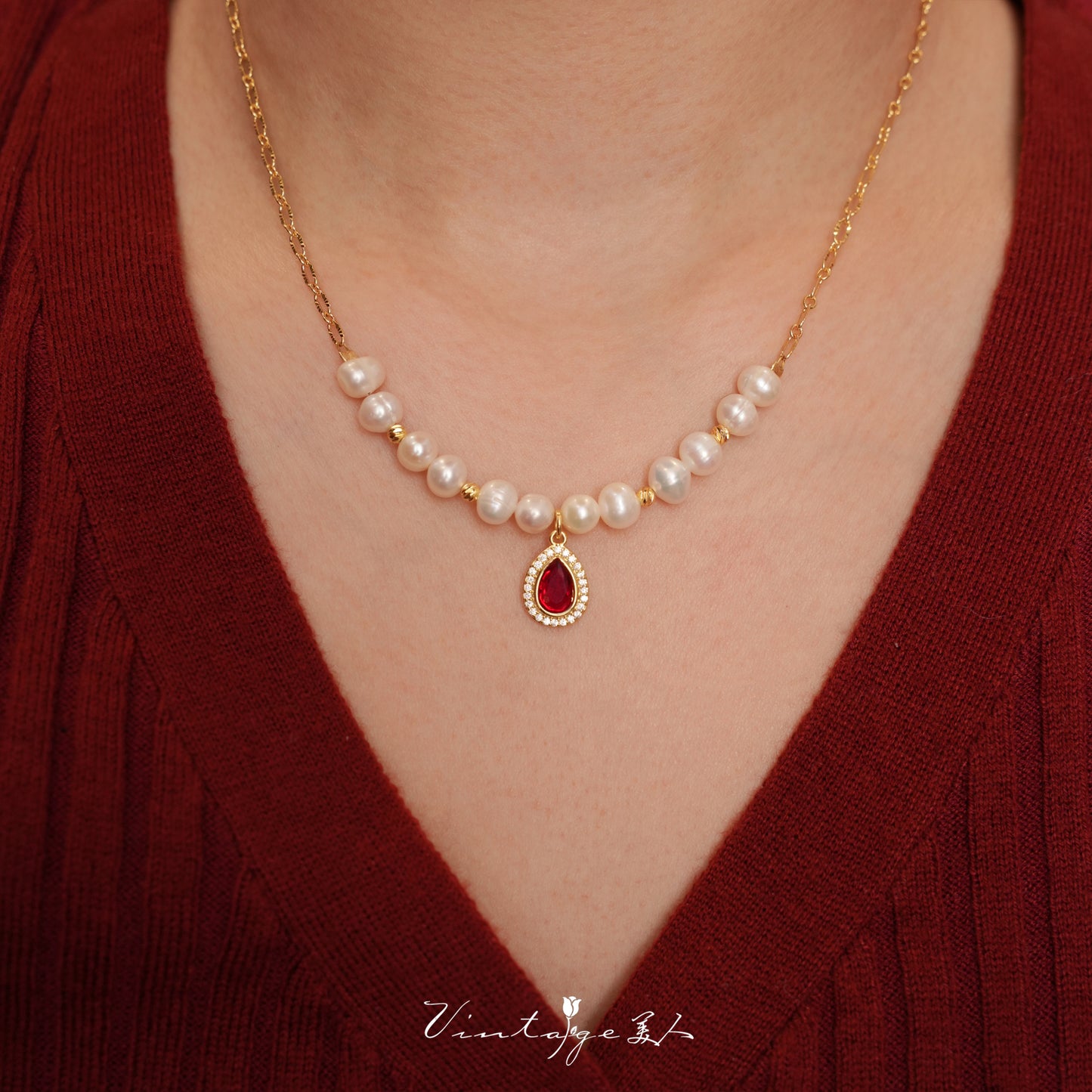 Lady Massel Retro French Natural Pearl Accessible Luxury Classy Wine Red Water Drop Pearl Necklace Clavicle Chain