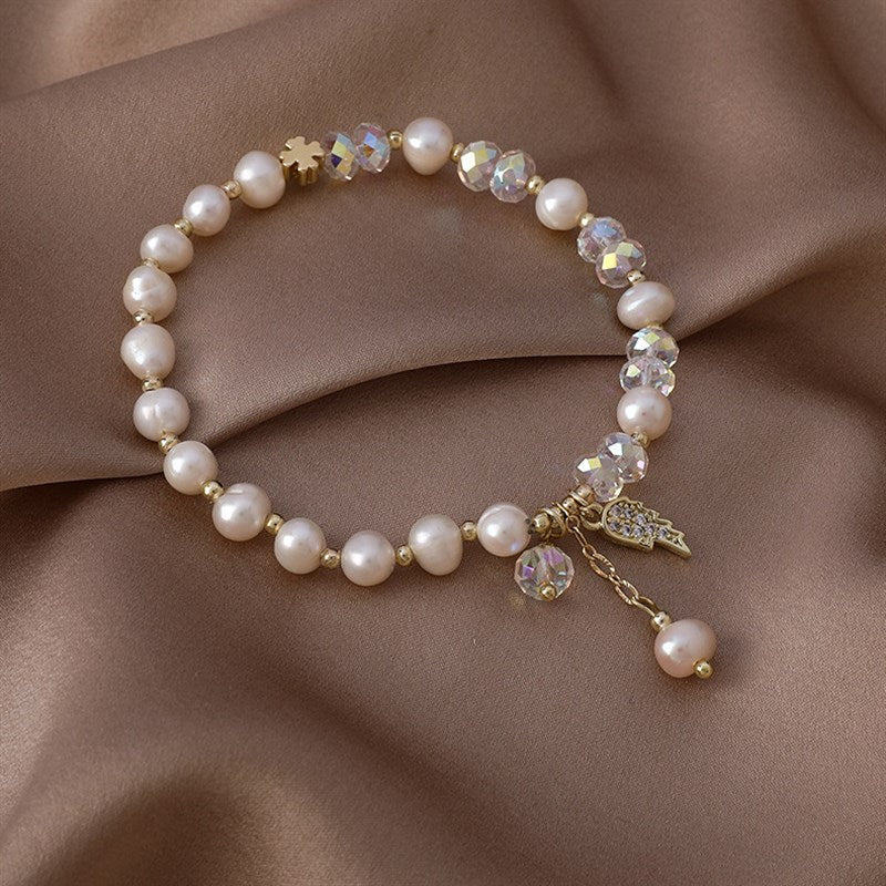 Freshwater Pearl Bracelet Women's Exquisite Baroque Crystal Bracelet Student Girlfriends Ins Special-Interest Design Wings Bracelet