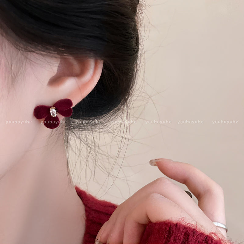Red Love Heart Bow Tie Flocking Stud Earrings