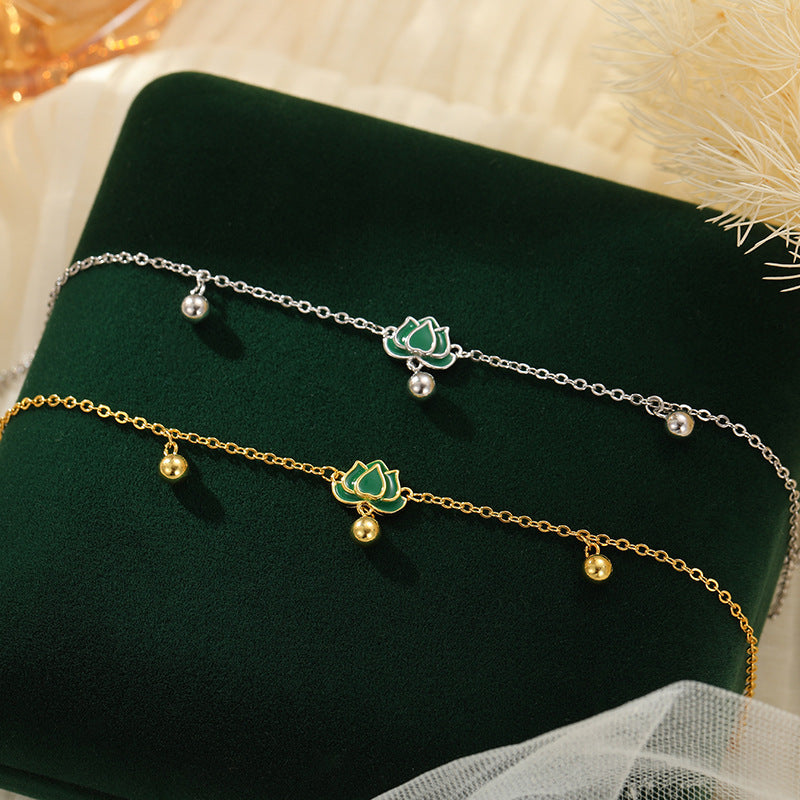 S925 Sterling Silver Step-by-Step Lotus Sliver Beads Anklet Female Retro Artsy Fresh Lotus Lucky Beads Ankle Chain Ornament