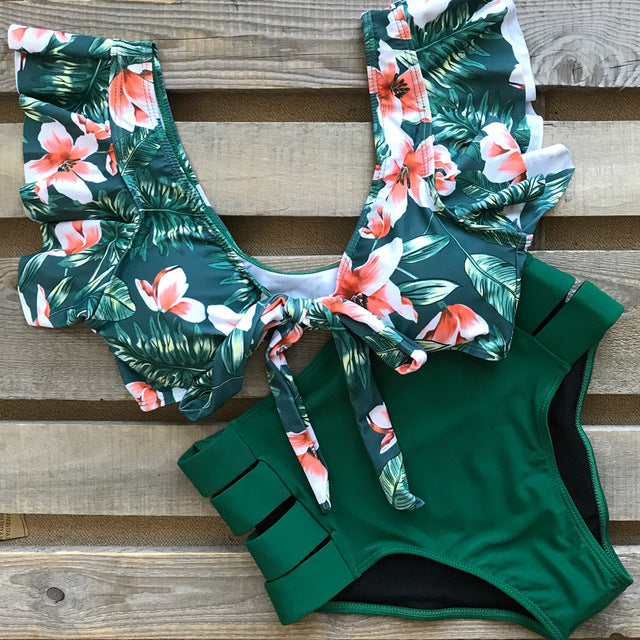 Print Swimwear Women High Waist Bikini Ruffle Swimsuit